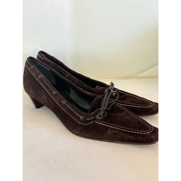 Unisa Suede Loafer Heels 9.5 39.5 Dark Brown Pumps 90s Y2K Stitch Academia Prep - Picture 5 of 8